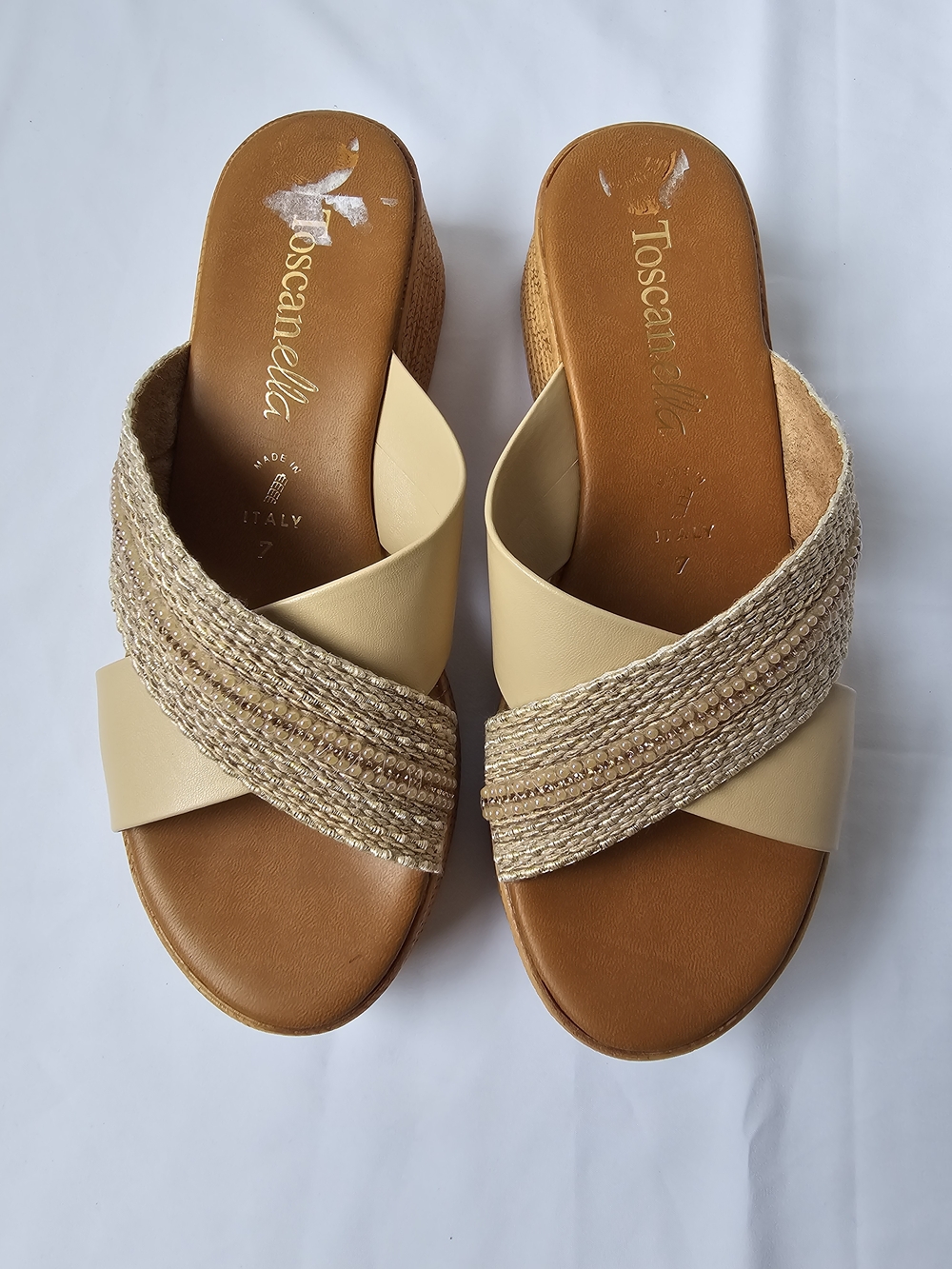 Toscanella Italy Neutral Metallic Wedge Platform Sandals - Size 7 - Picture 7 of 16